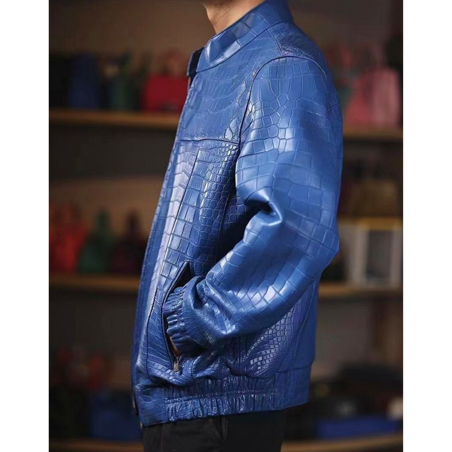 Mens Blue Croc Embossed Effect Elasticated Leather Jacket