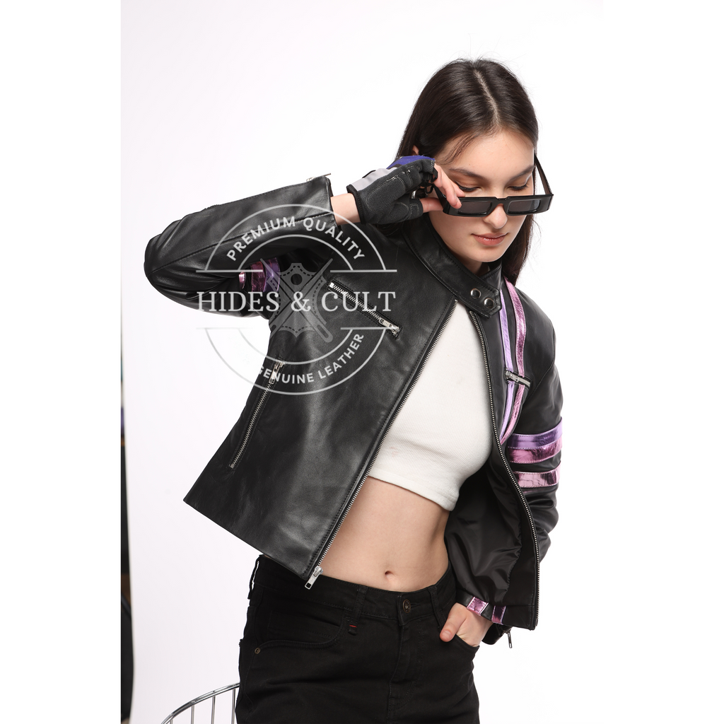 Womens Black Racer Leather Jacket with Metallic Foil Stripes