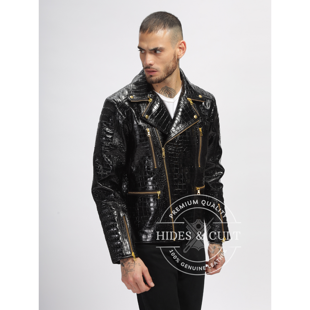 Mens Black Patent Croc Motorcycle Biker Gold Zip Leather Jacket