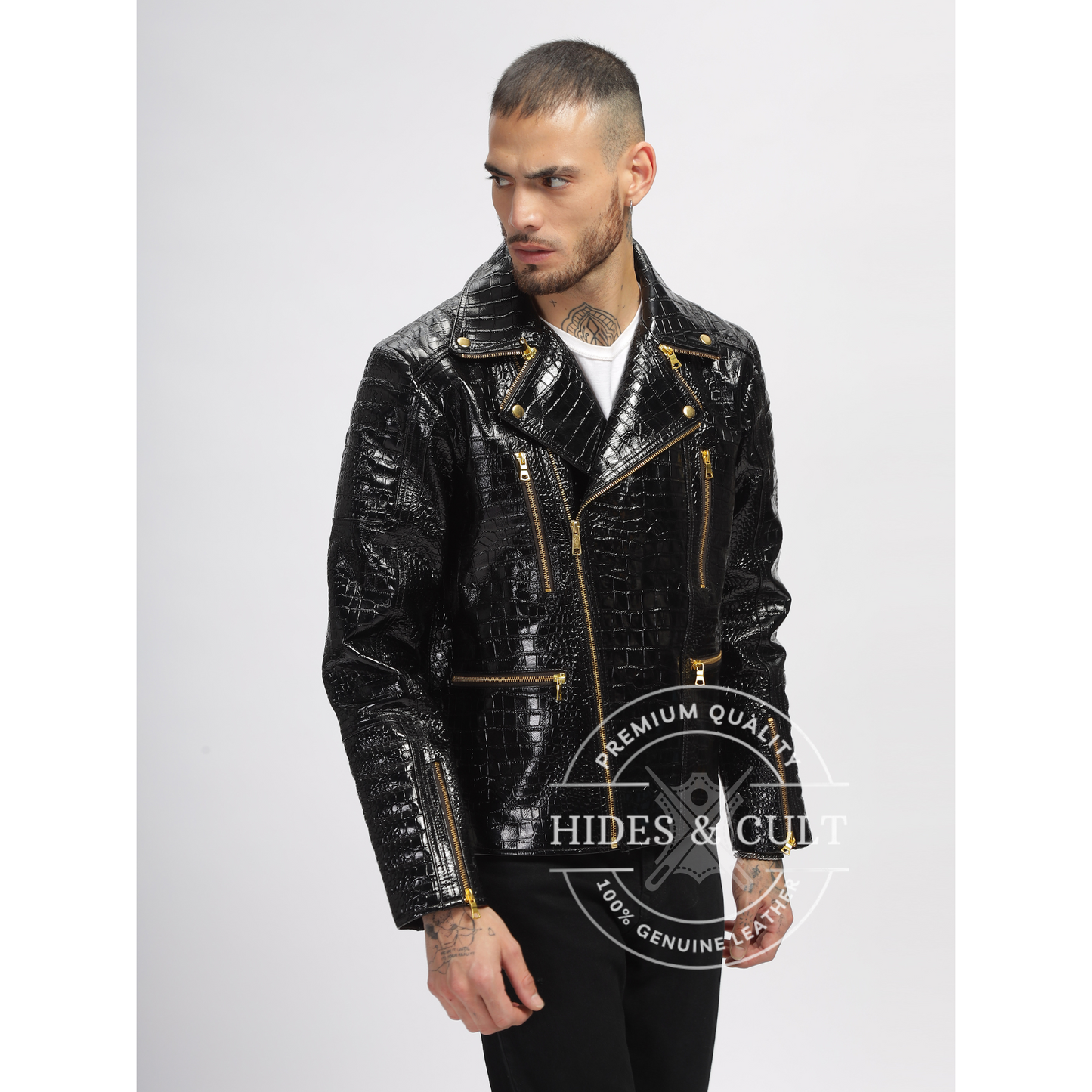 Mens Black Patent Croc Motorcycle Biker Gold Zip Leather Jacket