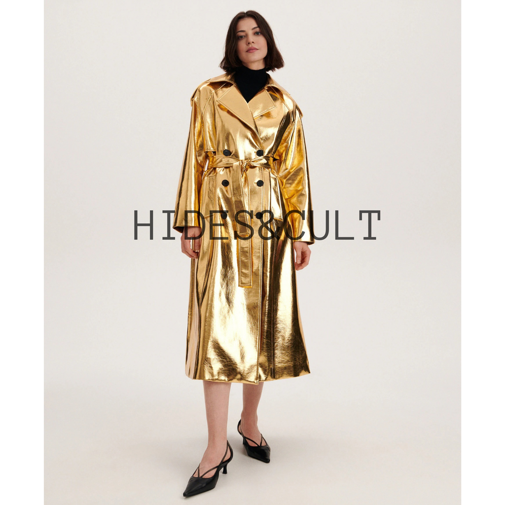 Women's Shiny Yellow Gold Metallic Foil Effect Double Breasted Leather Trench Coat