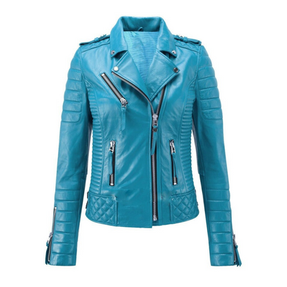 Women's Turquoise Blue Motorcycle Biker Quilted Leather Jacket