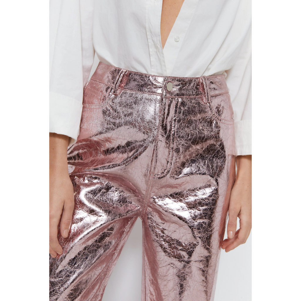 Women's Pink Crackle Metallic Foil Straight Leg Western Leather Pants