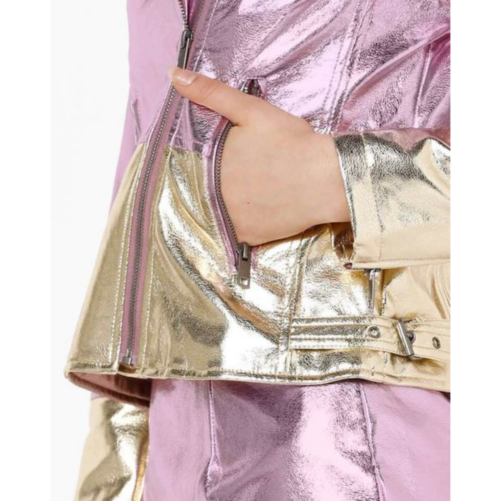 Women's Purple - Gold Two Tone Effect Metallic Foil Motorcycle Biker Leather Jacket
