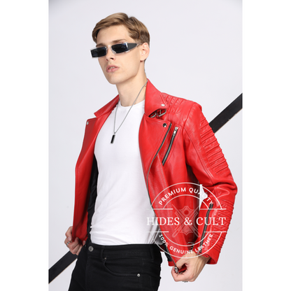 Mens Rich Red Slim Fit Motorcycle Biker Leather Jacket