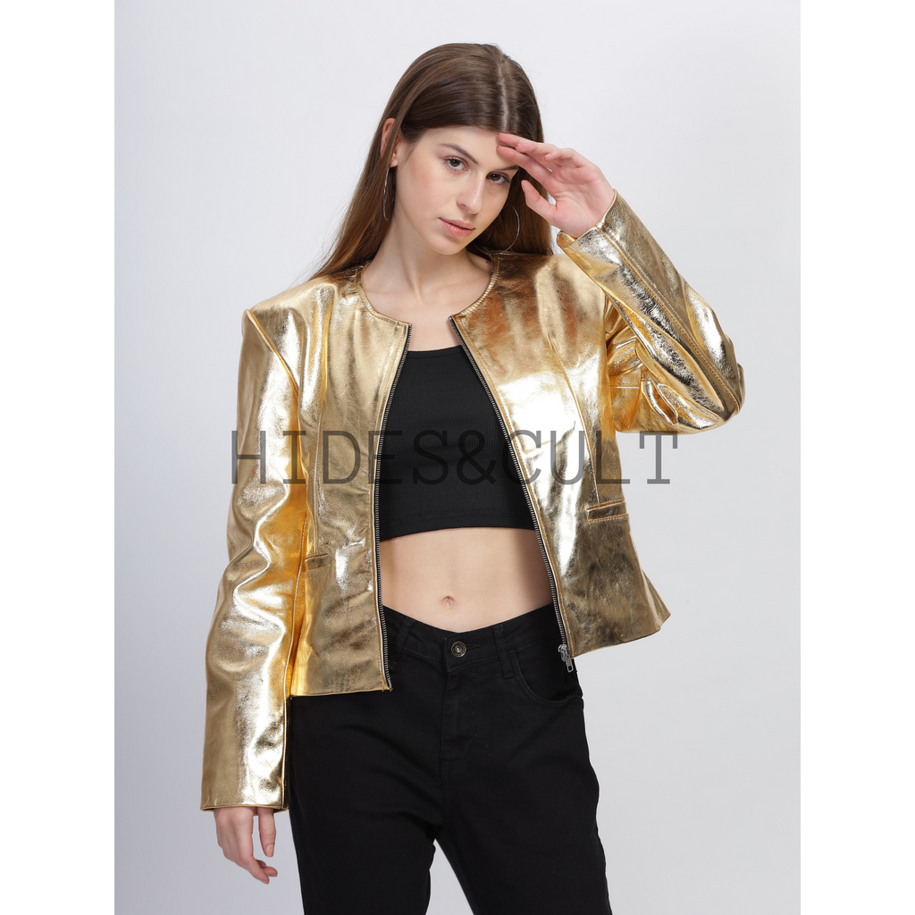 Women's Gold Metallic Foil Effect Round Neck Cropped Real Leather Jacket
