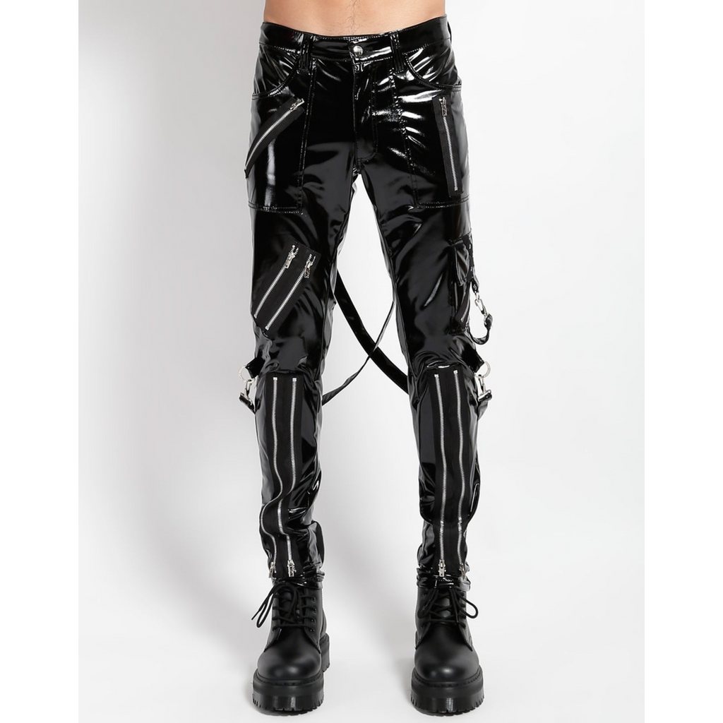 Mens Black Patent Punk Style Multi Zip Detail Genuine Leather Pant