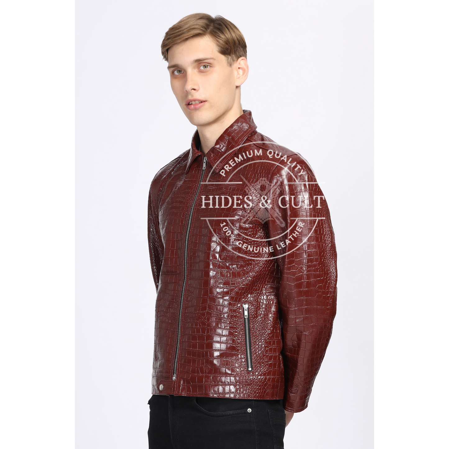 Mens Maroon Croc Detail Leather Jacket