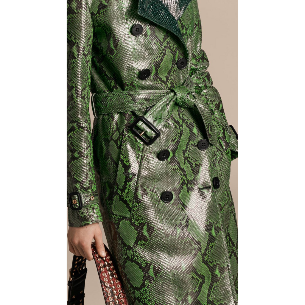 Women's Green Snake Print Effect Double Breasted Real Leather Trench Coat
