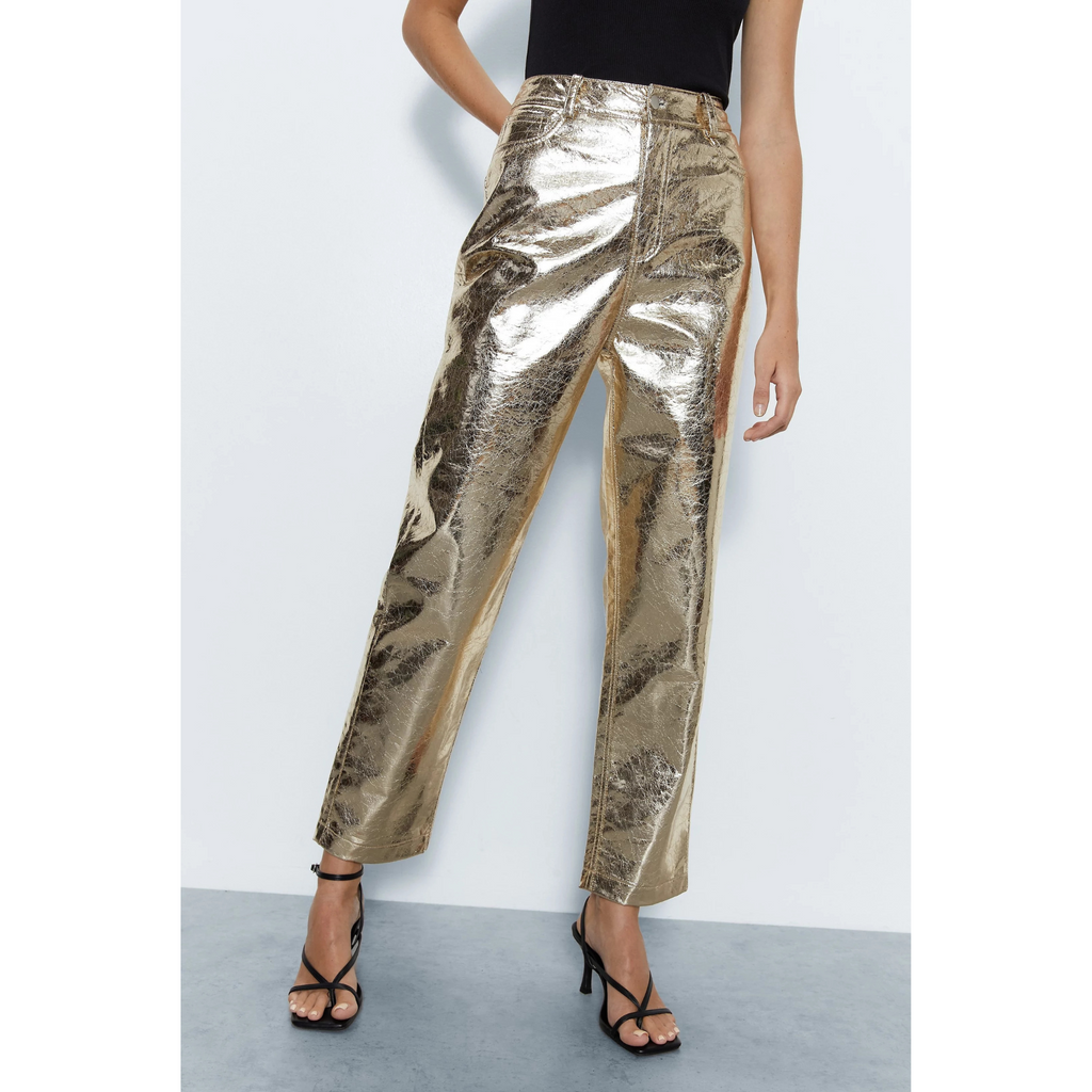 Women's Pink Crackle Metallic Foil Straight Leg Western Leather Pants
