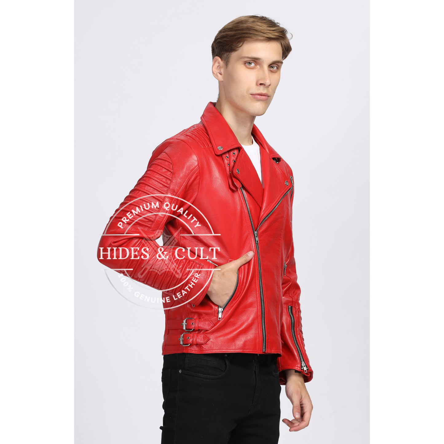 Mens Rich Red Slim Fit Motorcycle Biker Leather Jacket