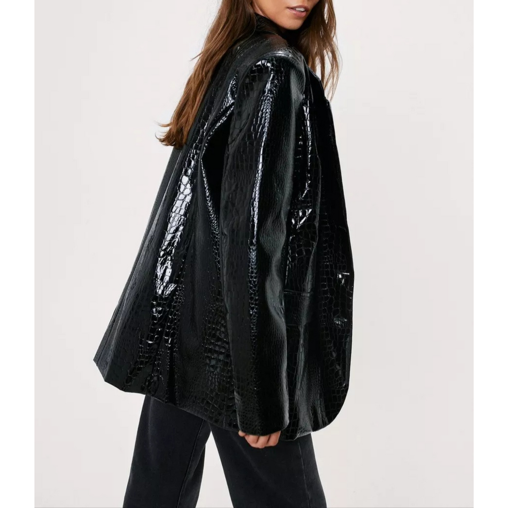 Women's Black Patent Croc Embossed Effect Vinyl Effect Genuine Leather Blazer