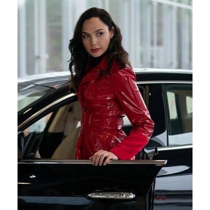 Gal Gadot Red Notice The Bishop Red Patent Leather Trench Coat