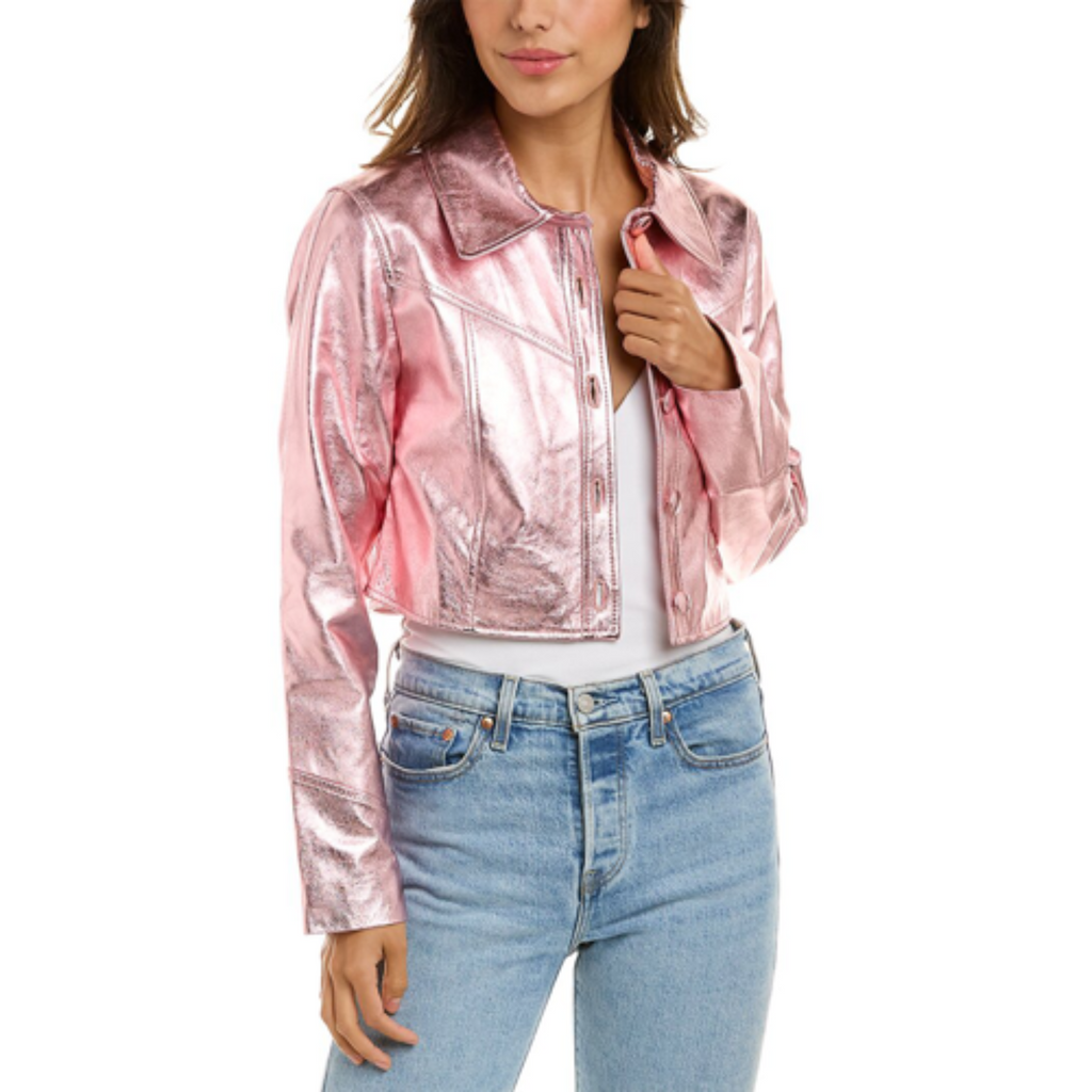 Women's Pink Metallic Foil Cropped Denim Style Leather Jacket