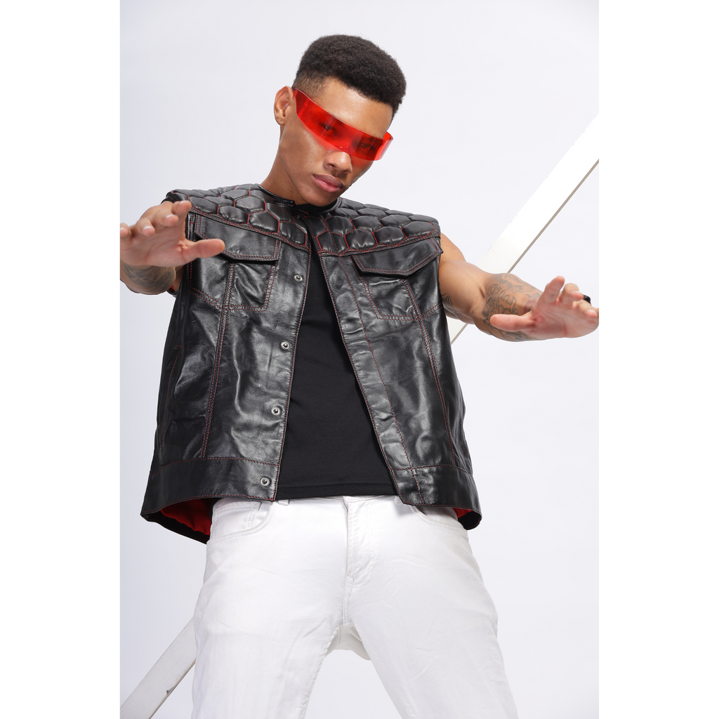 Mens Black Honeycomb Quilted Leather Vest Coat