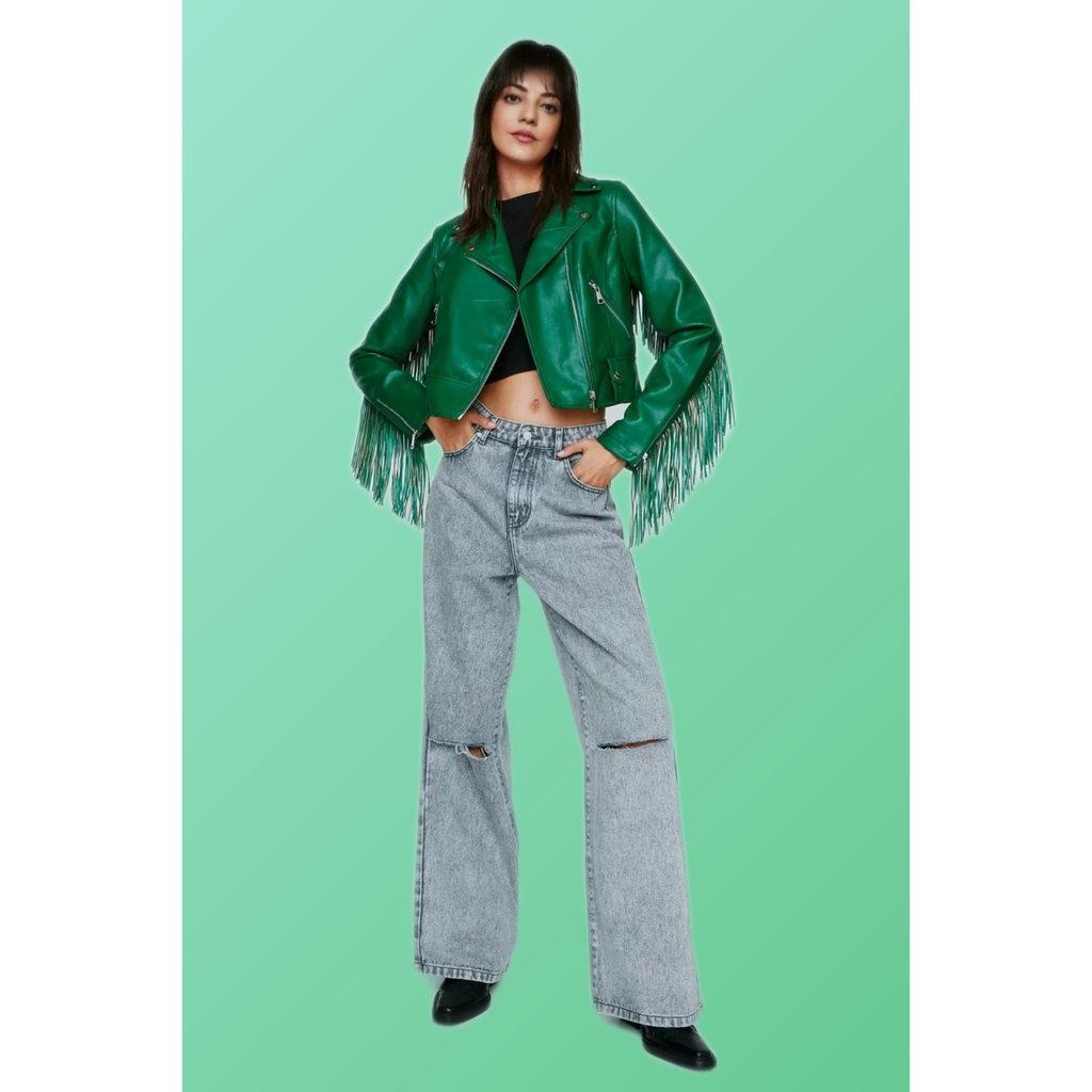 Women's Green Fringed Real Leather Jacket | Hides&Cult