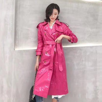 Womens Pink Patent Double Breasted Real Leather Trench Coat