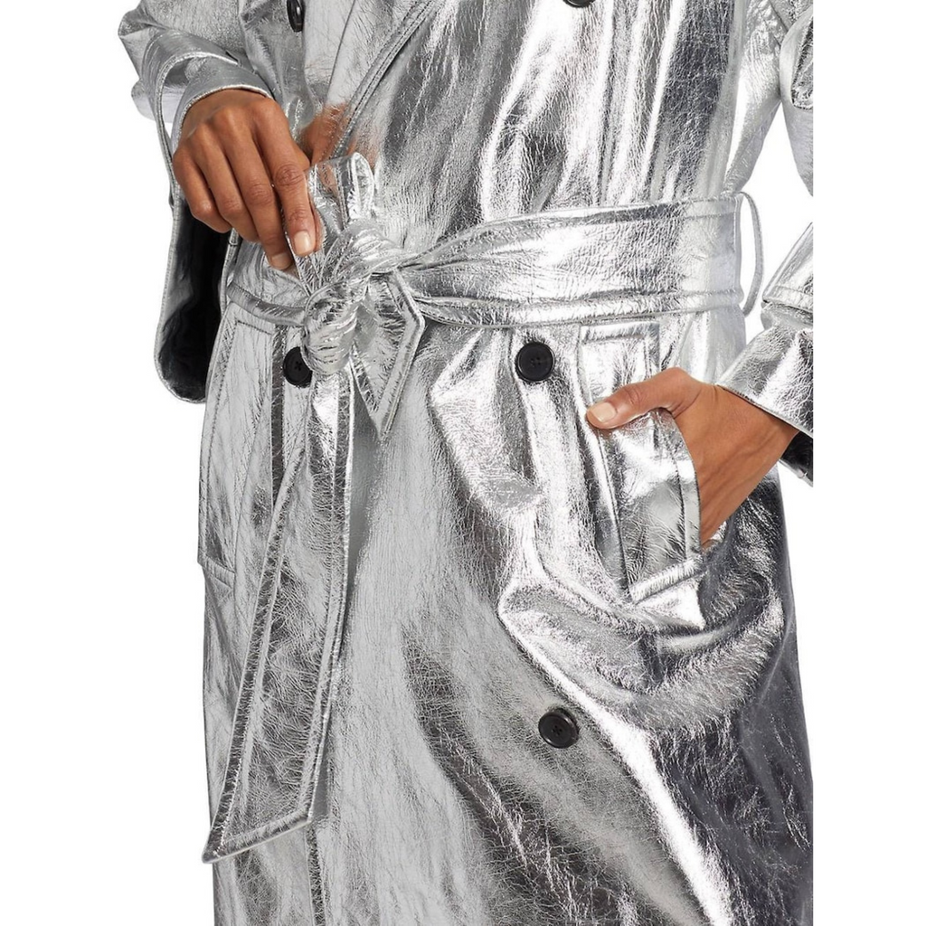 Women's Silver Metallic Foil Effect Double Breasted Real Leather Trench Coat