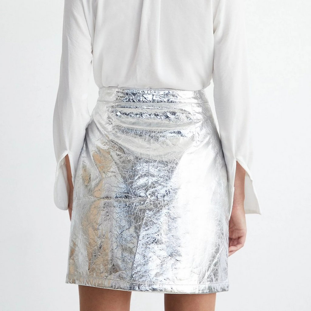 Womens Electric Blue Crush Metallic Foil EffectGenuine Leather Mini Skirt