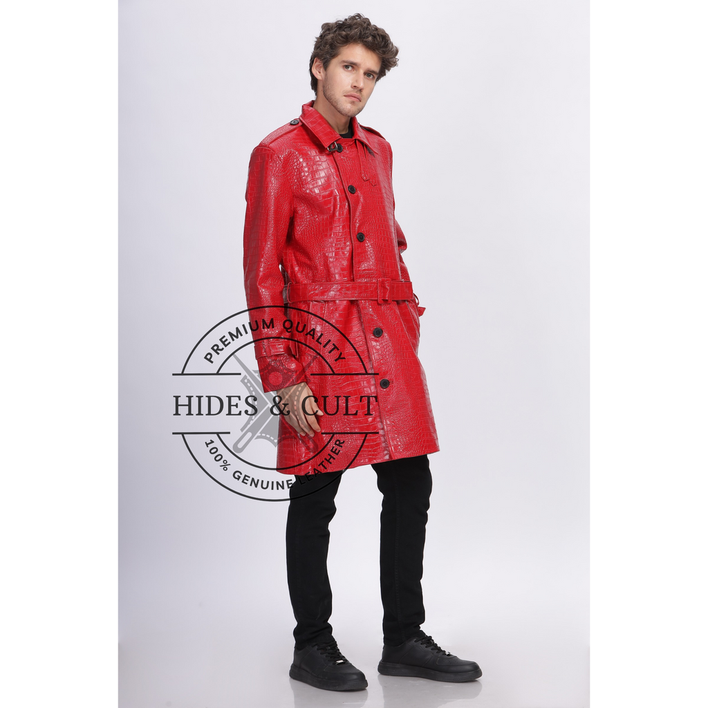 Mens Rich Red Croc Leather Trench