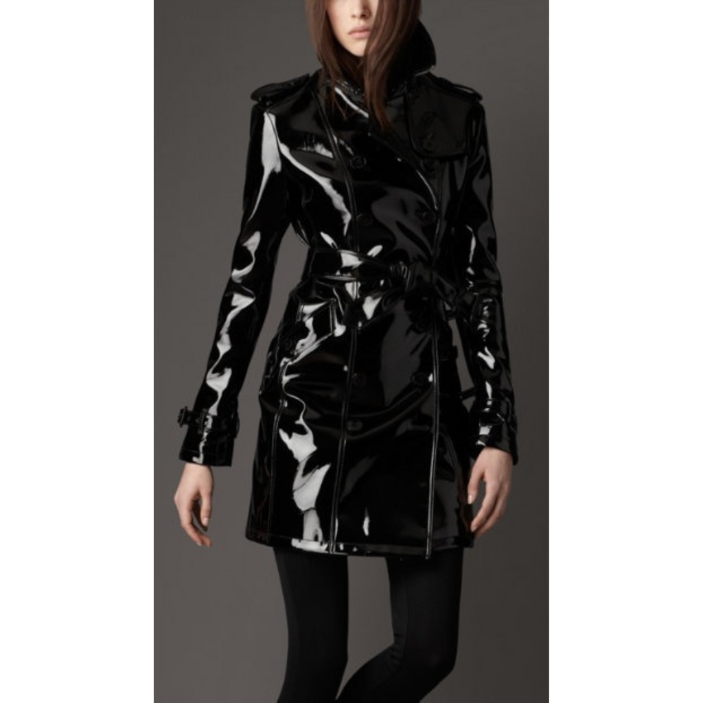Women's Black Patent Vinyl Effect Double Breasted Real Leather Trench Coat