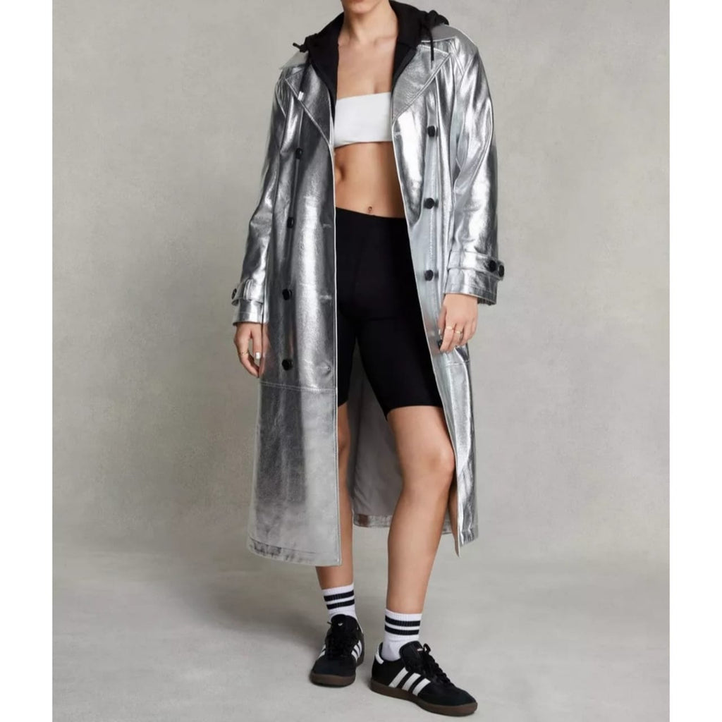 Women's Silver Metallic Foil Double Breasted Leather Trench Coat
