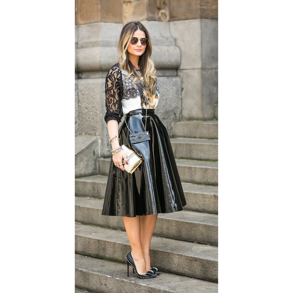 Women's Black Patent Vinyl Effect Pleated Genuine Leather Skirt