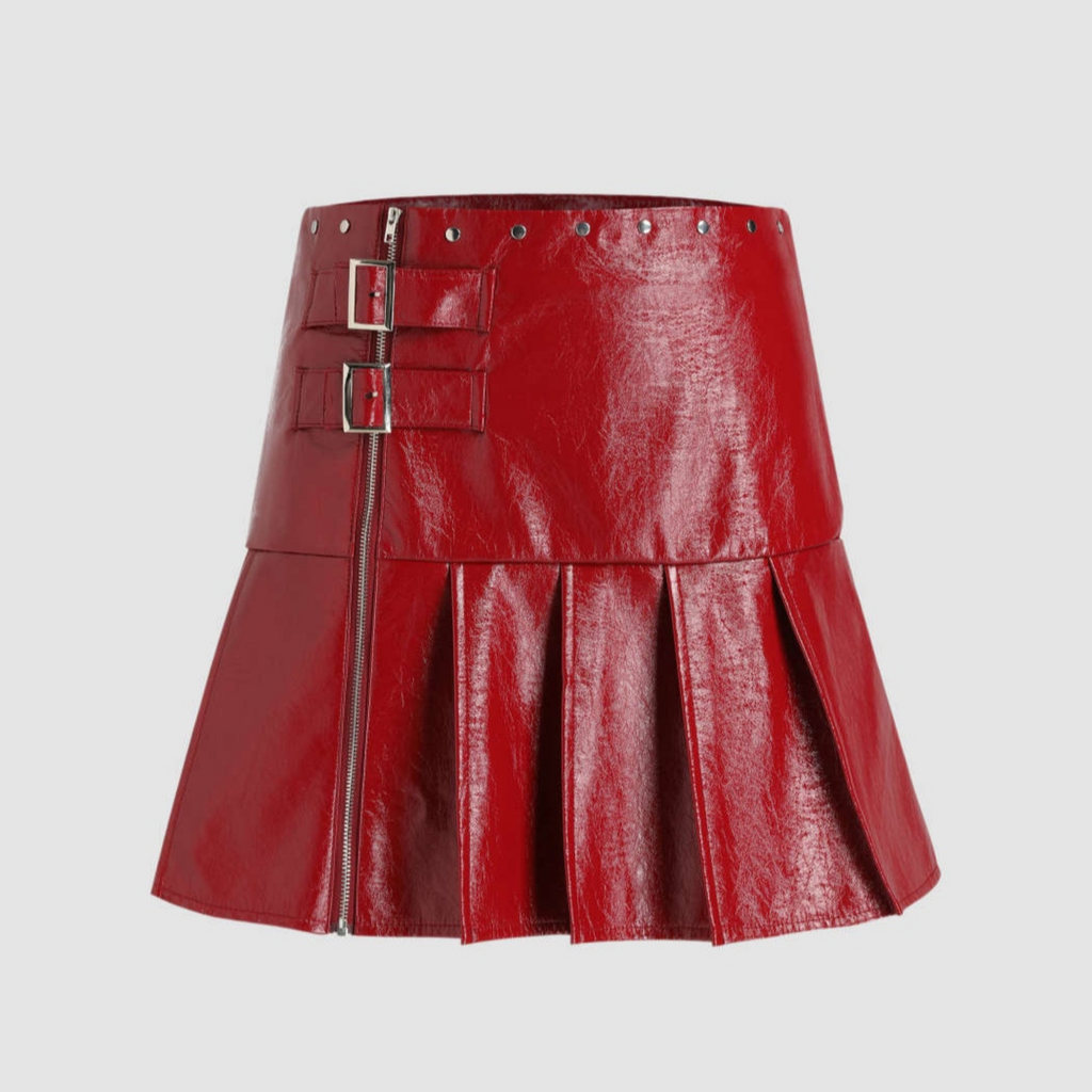Women's Maroon Red Patent Vinyl Effect Buckled Pleated Hem Mini Leather Skirt