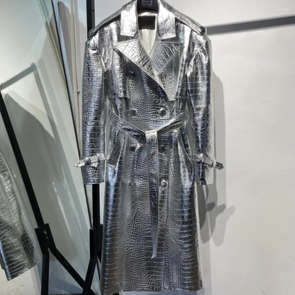 Women's Silver Metallic Foil Croc Embossed Effect Double Breasted Genuine Leather Trench Coat