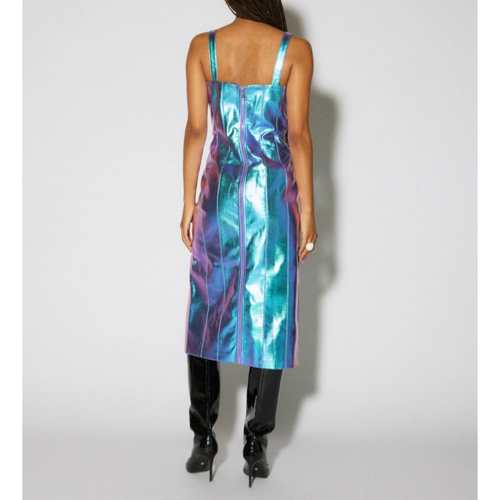 Women's Iridescent Blue Metallic Foil Panelled Leather Dress
