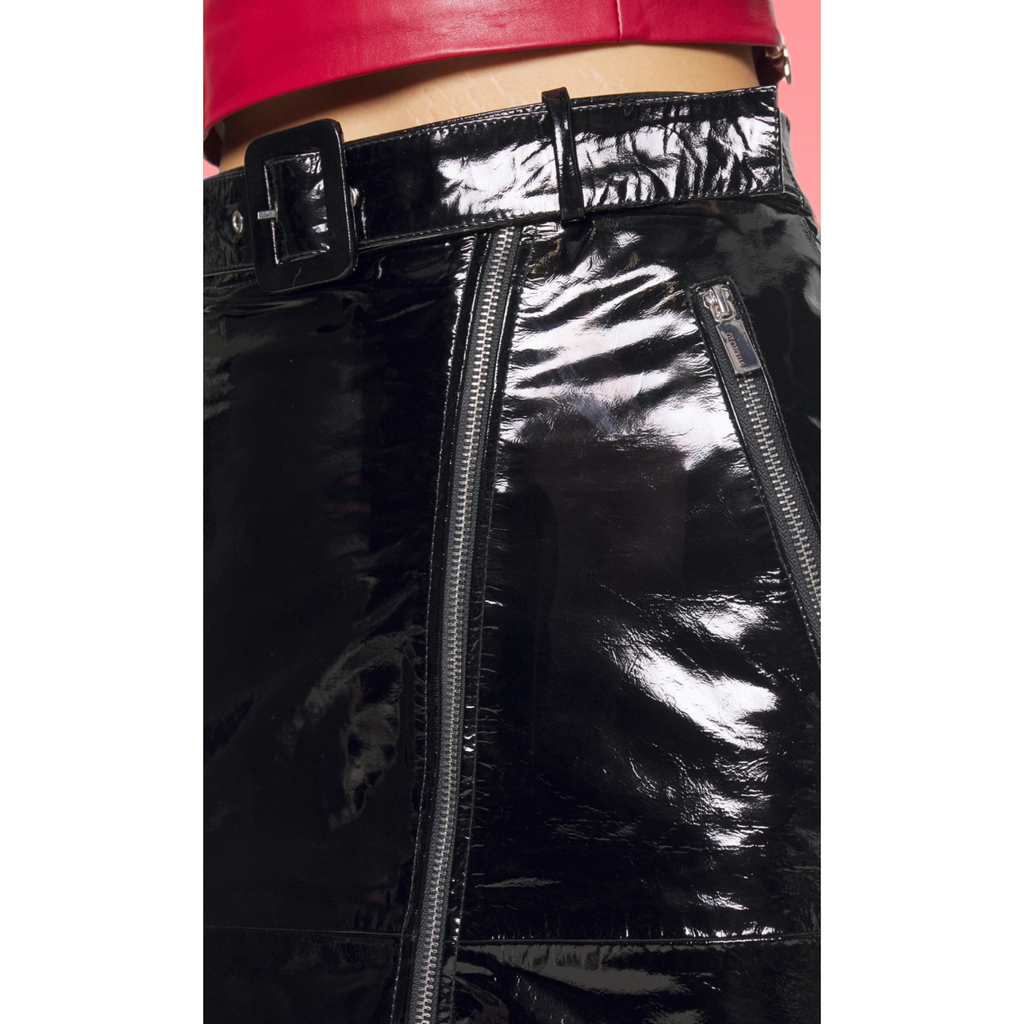 Women's Black Patent Zip Front Pencil Midi Leather Skirt