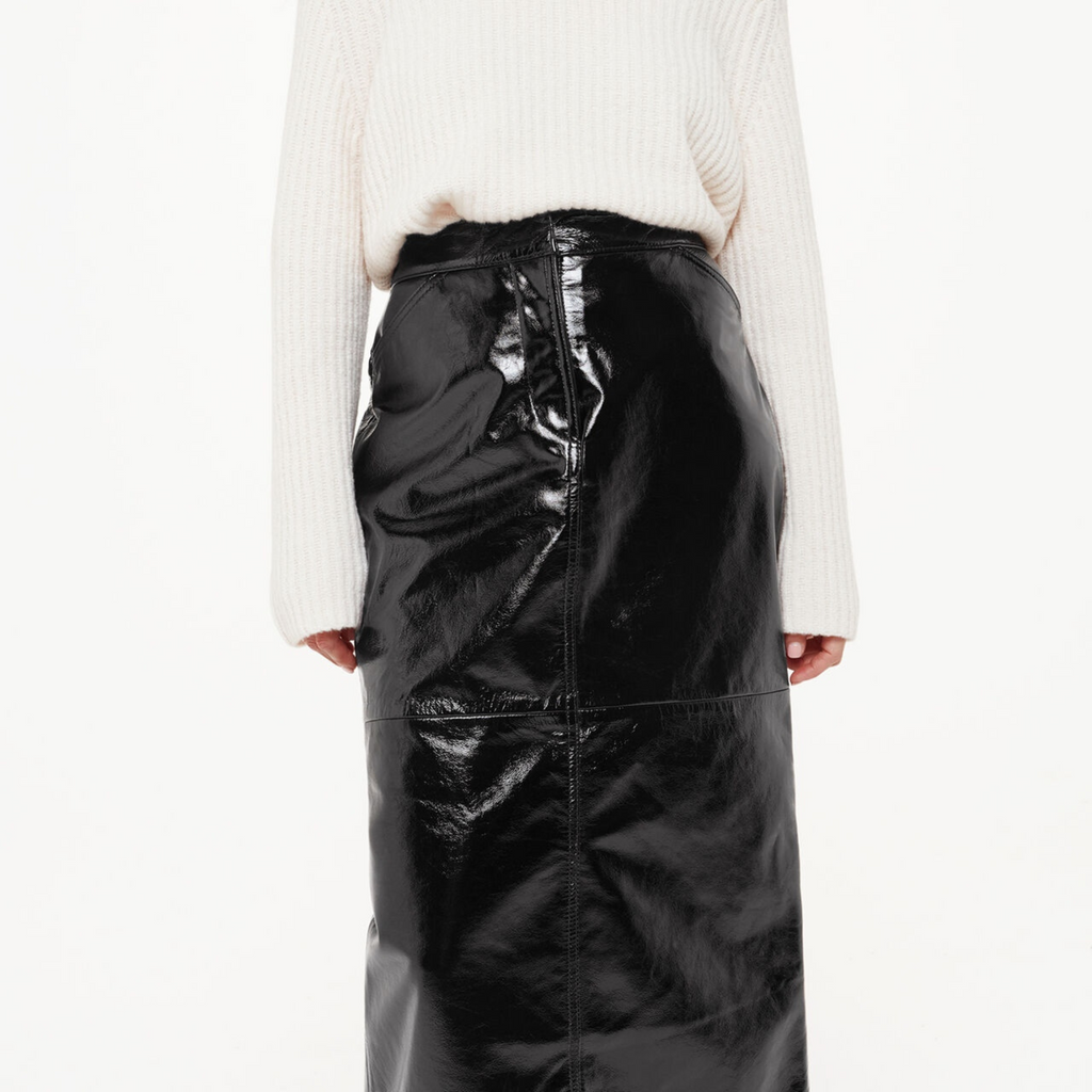 Womens Black Patent Vinyl Effect Panelled A Line Long Leather Skirt