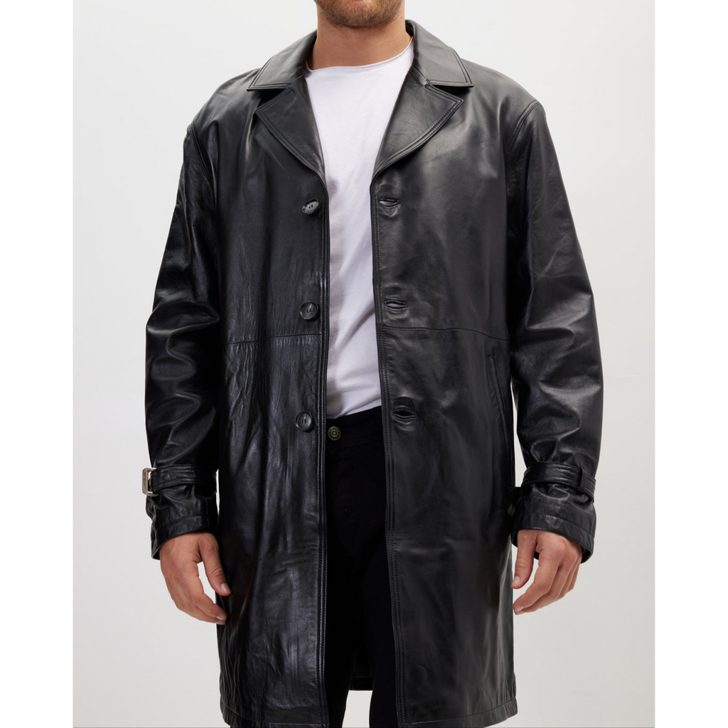 Men's Red Belted Genuine Leather Trench Coat