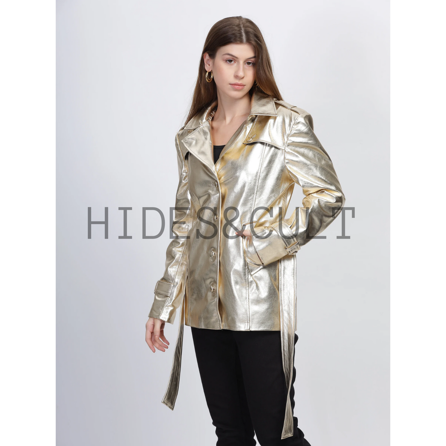 Womens Gold Metallic Foil Effect Belted Short Leather Trench Coat