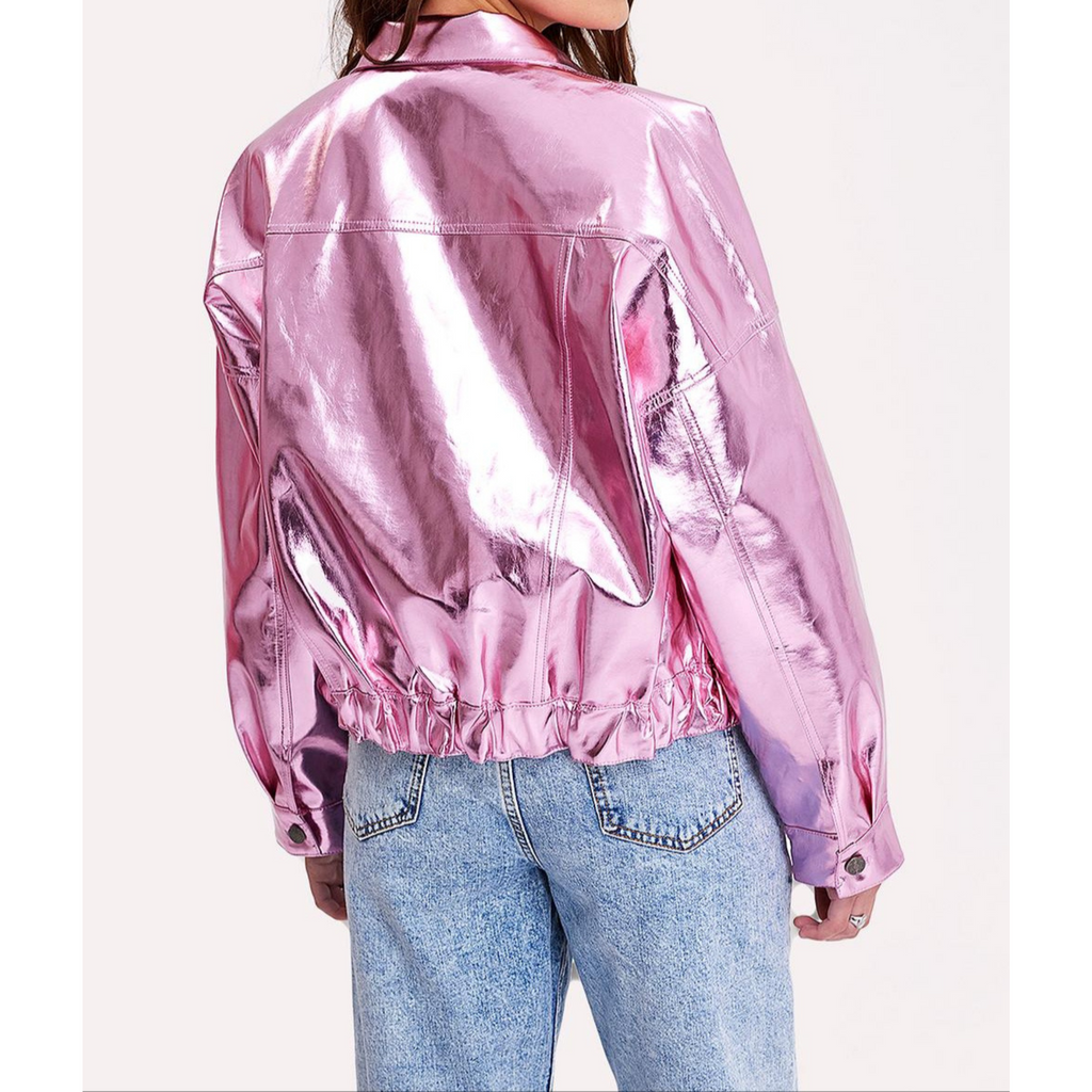 Women's Pink Metallic Foil Denim Style Genuine Leather Shacket
