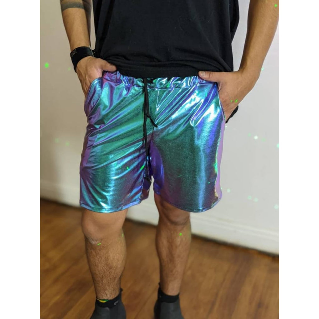 Mens Iridescent Purple Metallic Foil Rave Punk Style Genuine Leather Shorts