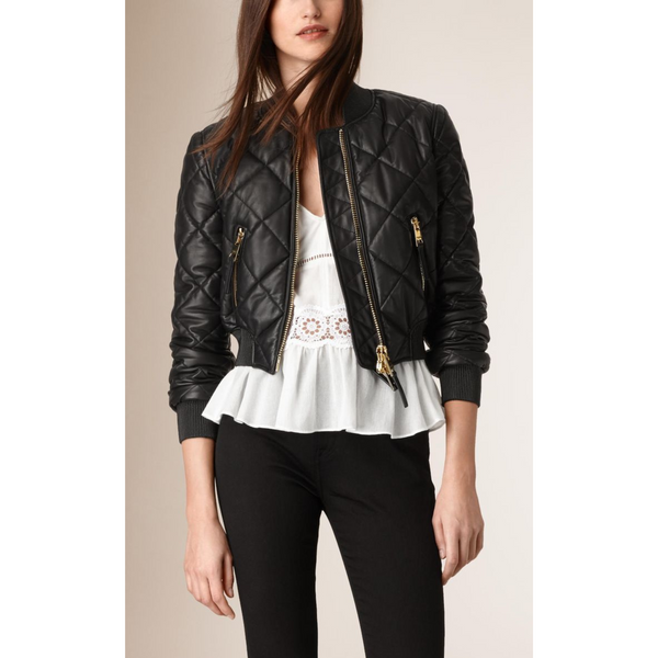 Women's Black Quilted Puffer Cropped Bomber Style Leather Jacket