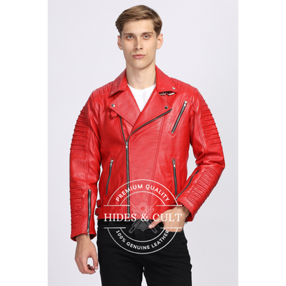 Mens Rich Red Slim Fit Motorcycle Biker Leather Jacket