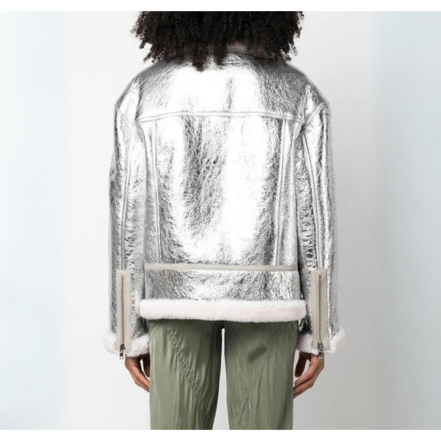 Women's Silver Metallic Foil Real Lambskin Furr Shearling Coat