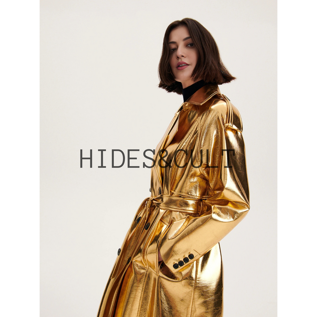 Women's Shiny Yellow Gold Metallic Foil Effect Double Breasted Leather Trench Coat