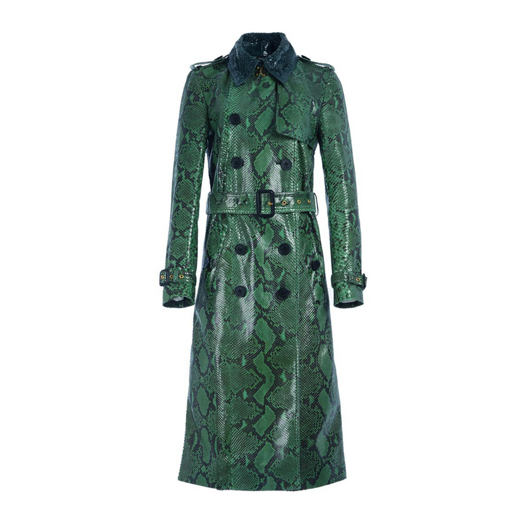 Women's Green Snake Print Effect Double Breasted Real Leather Trench Coat