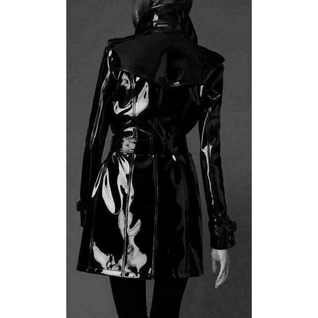 Women's Black Patent Vinyl Effect Double Breasted Real Leather Trench Coat