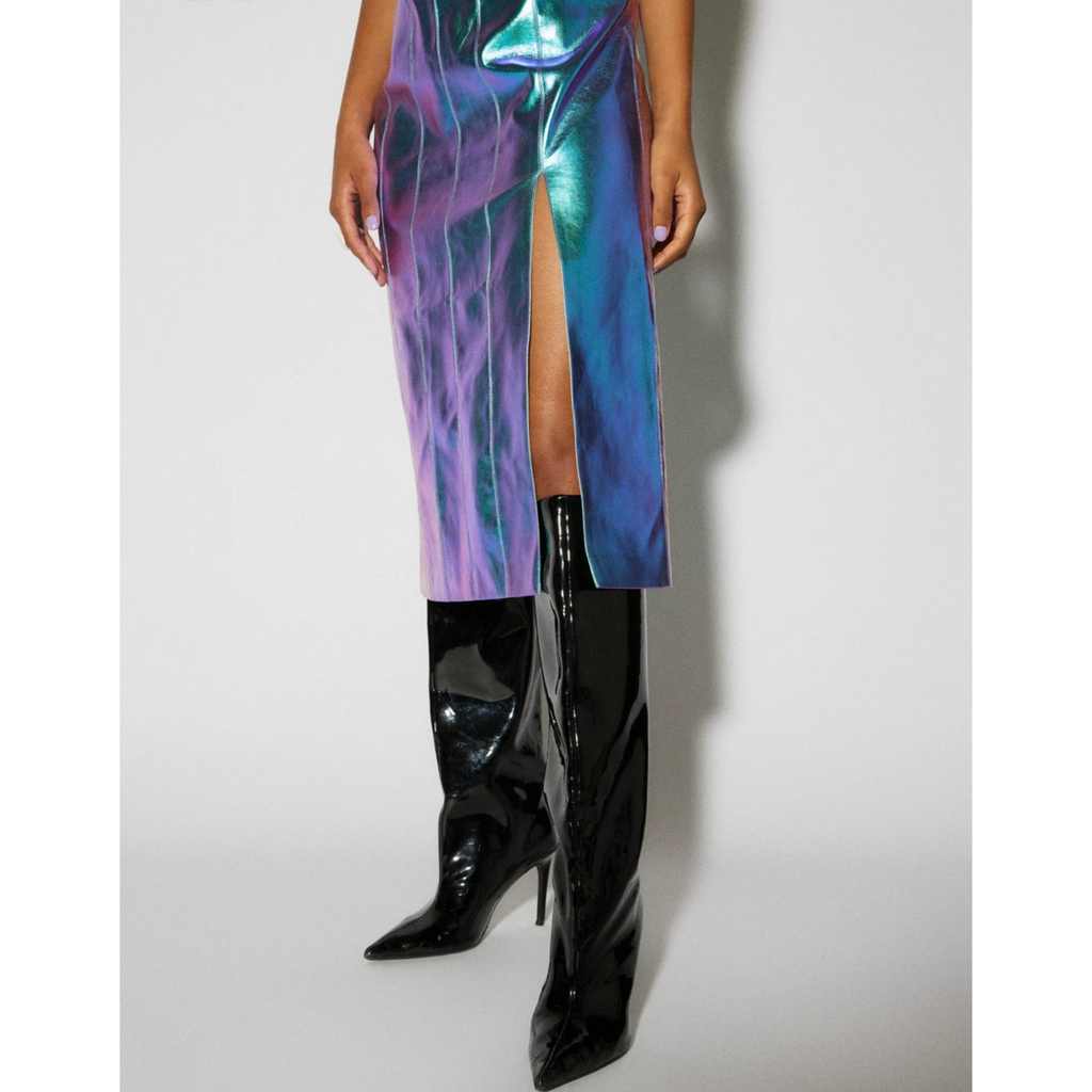 Women's Iridescent Blue Metallic Foil Panelled Leather Dress