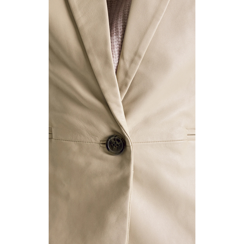 Women's Green Single Buttoned Genuine Leather Blazer