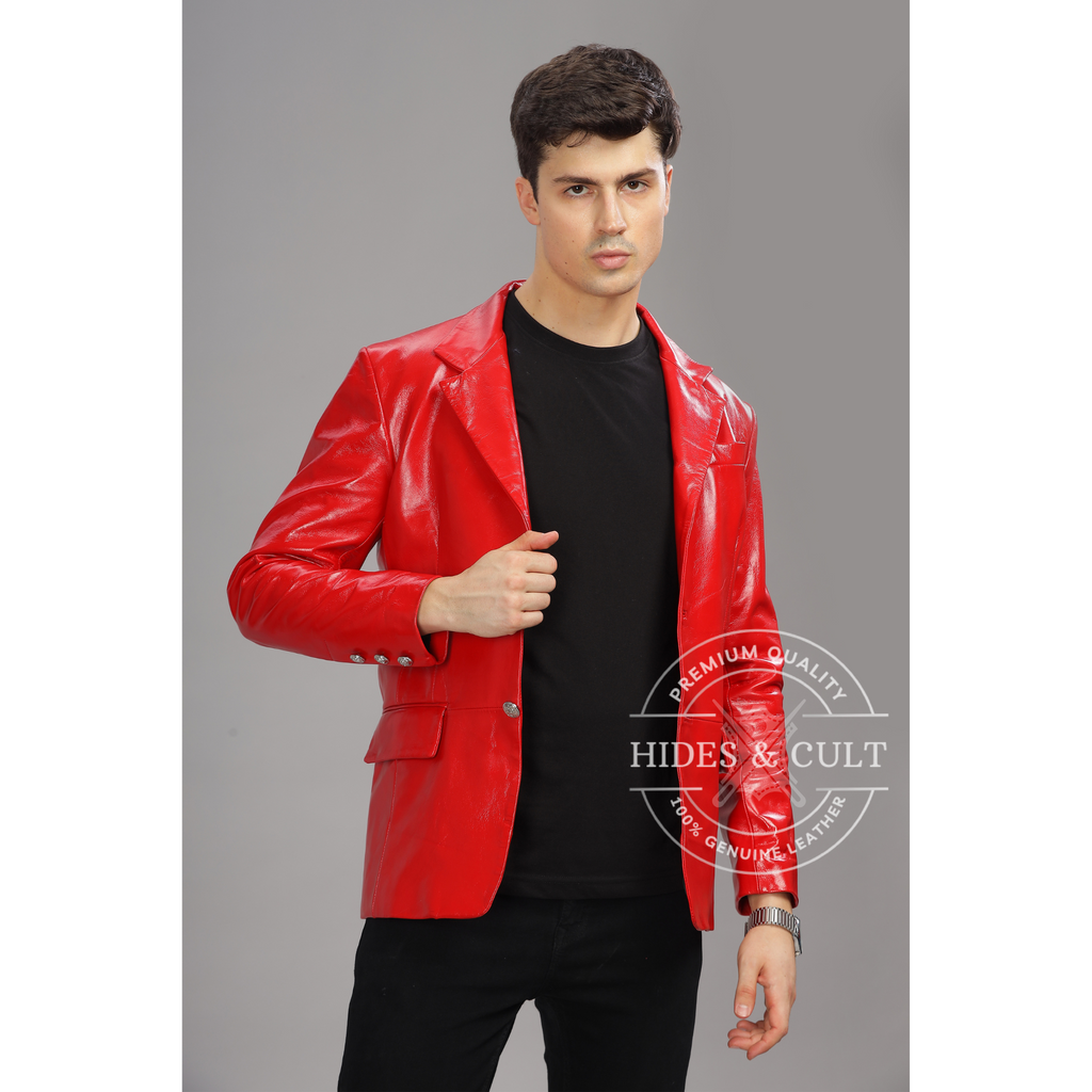 Men's Red Slim Fit Business Leather Blazer