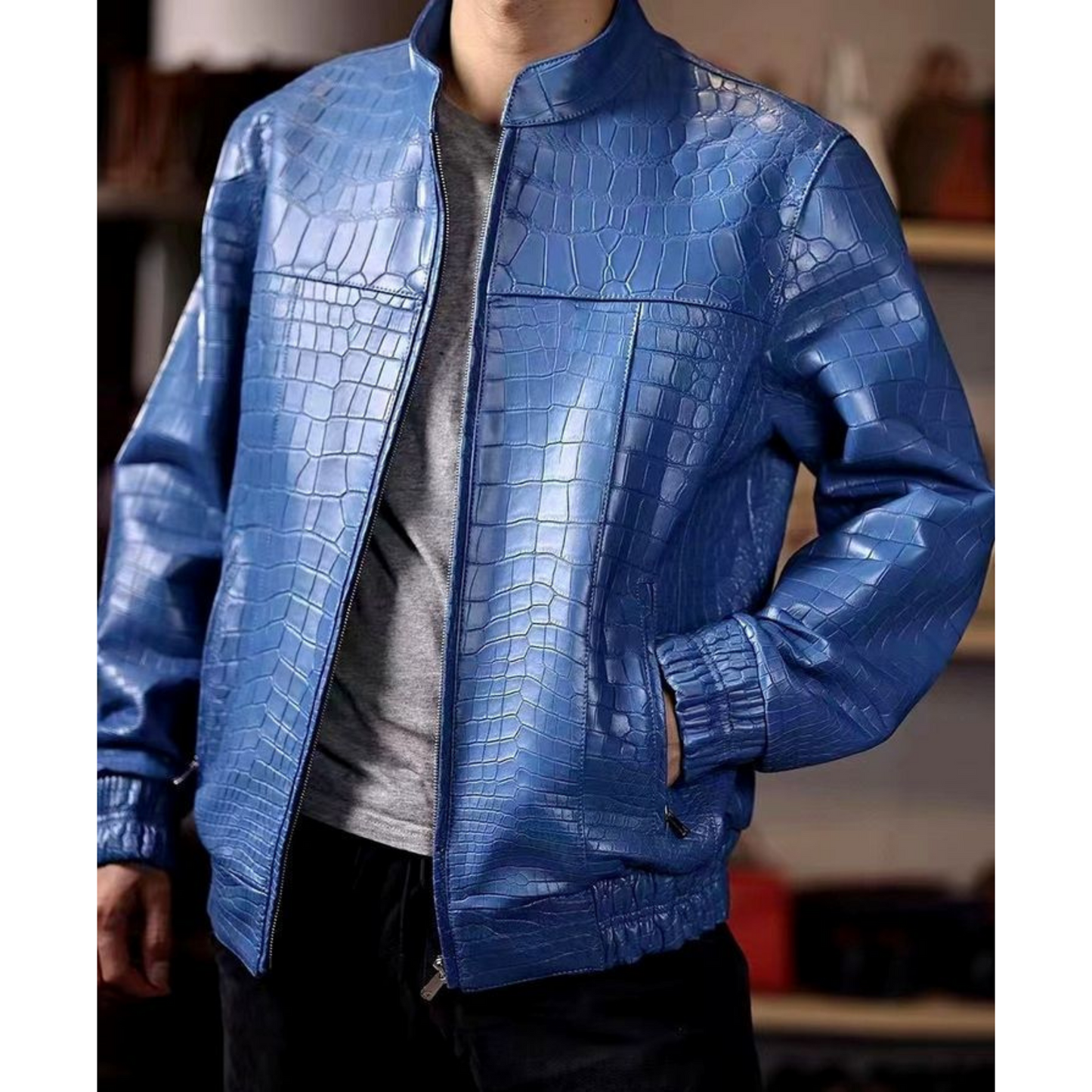 Mens Blue Croc Embossed Effect Elasticated Leather Jacket