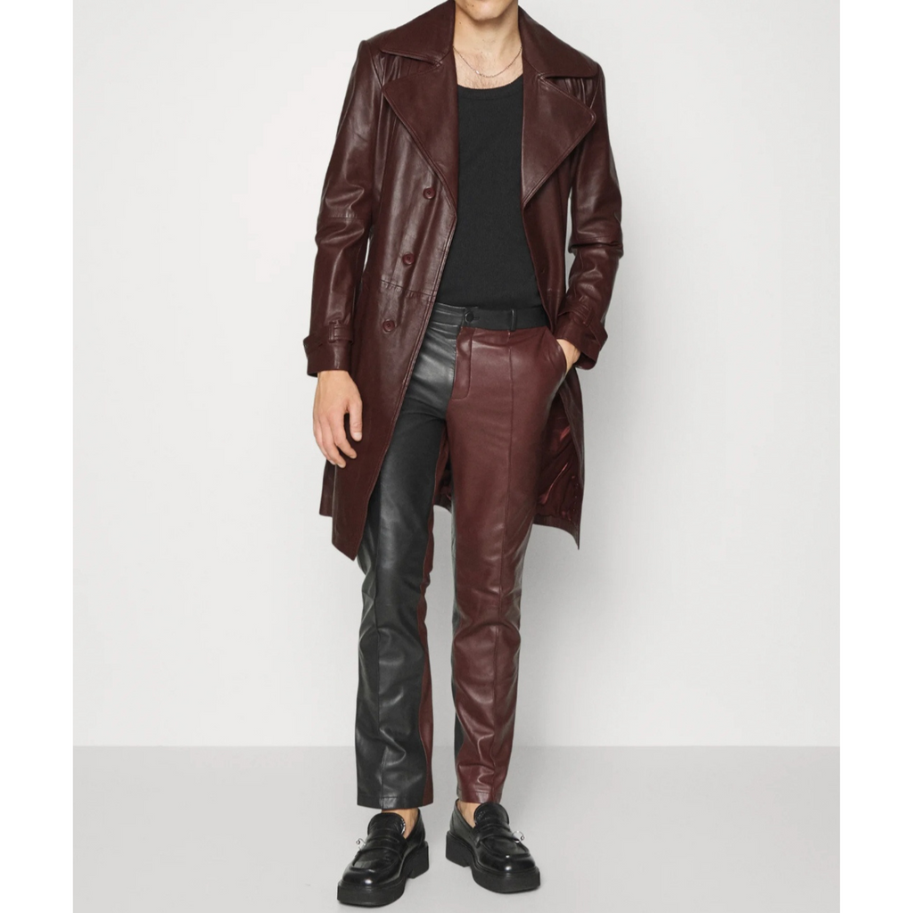 Mens Burgundy Belted Genuine Leather Trench Coat