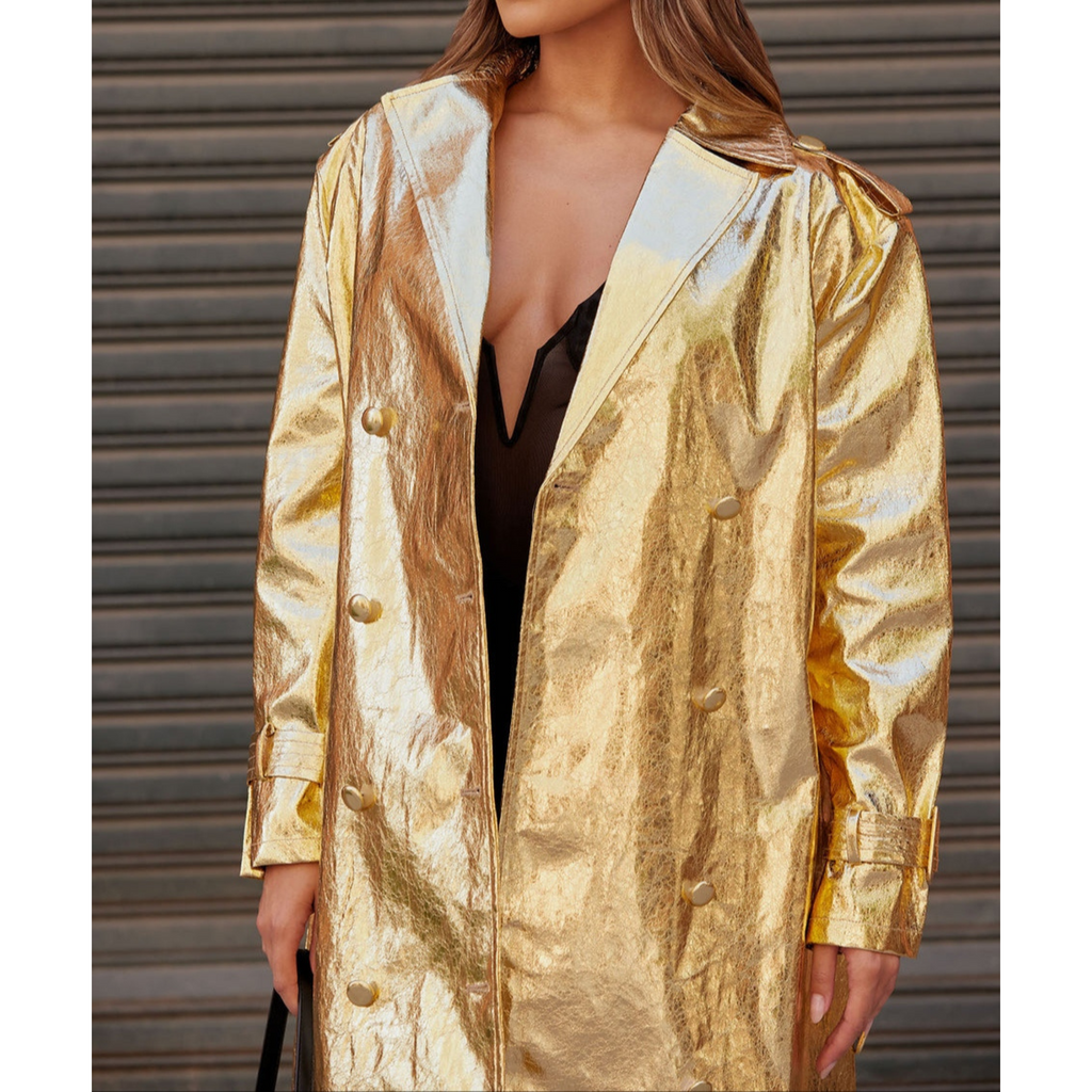 Women's Gold Metallic Foil Effect Double Breasted Real Leather Trench Coat