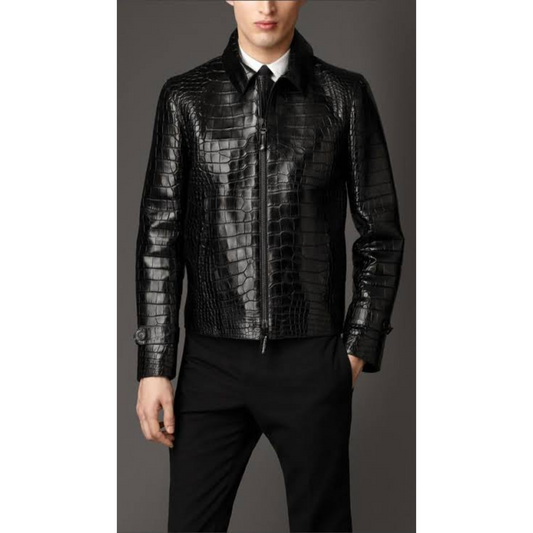 Mens Black Croc Embossed Effect Leather Jacket