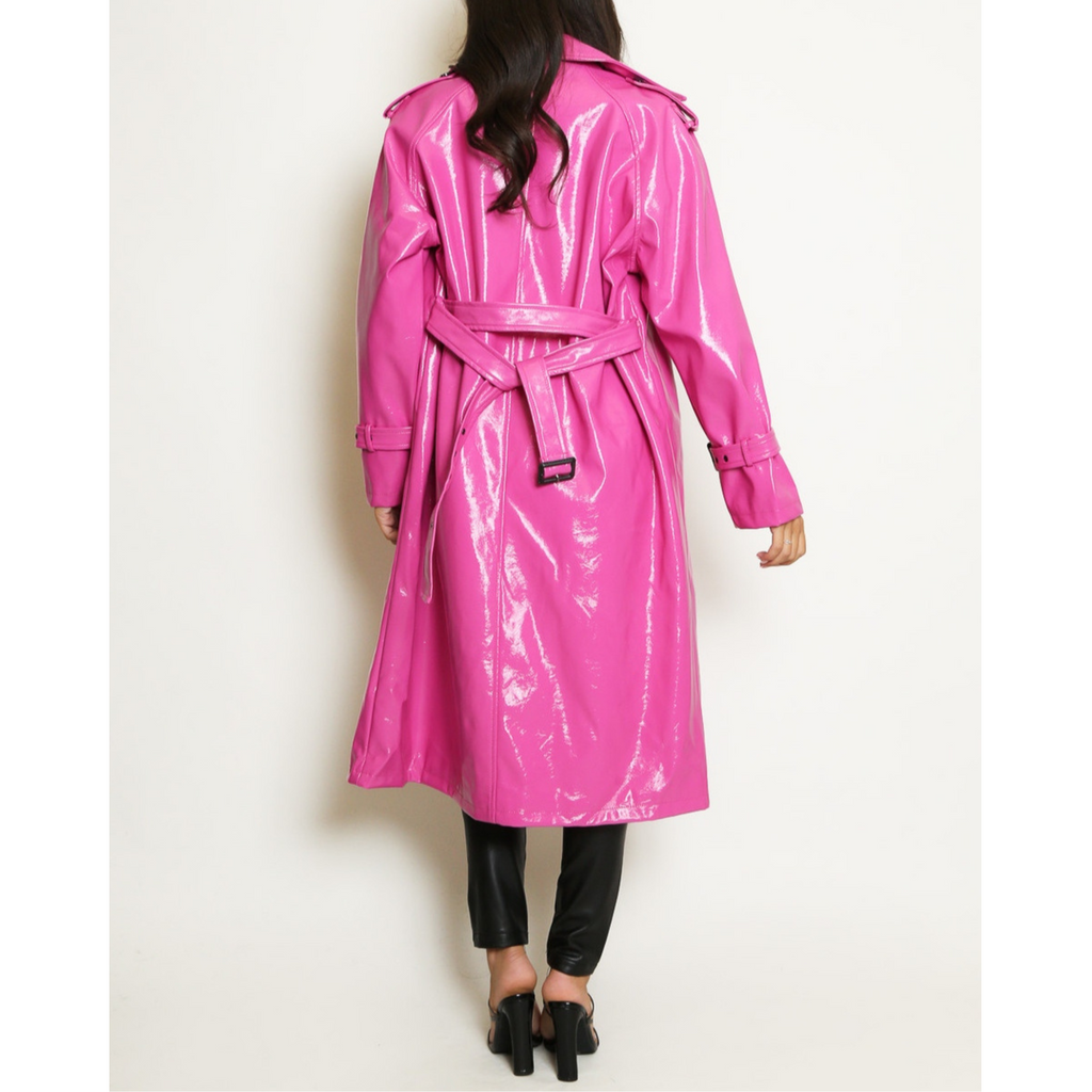 Women's Patent Vinyl Effect Double Breasted Real Leather Trench Coat